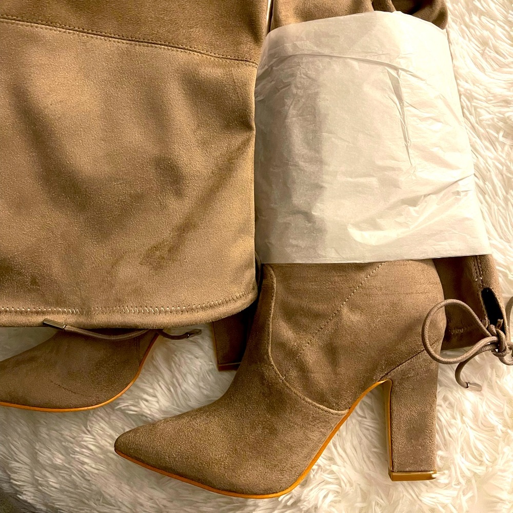 Guess Angeley taupe fabric above knee high boots